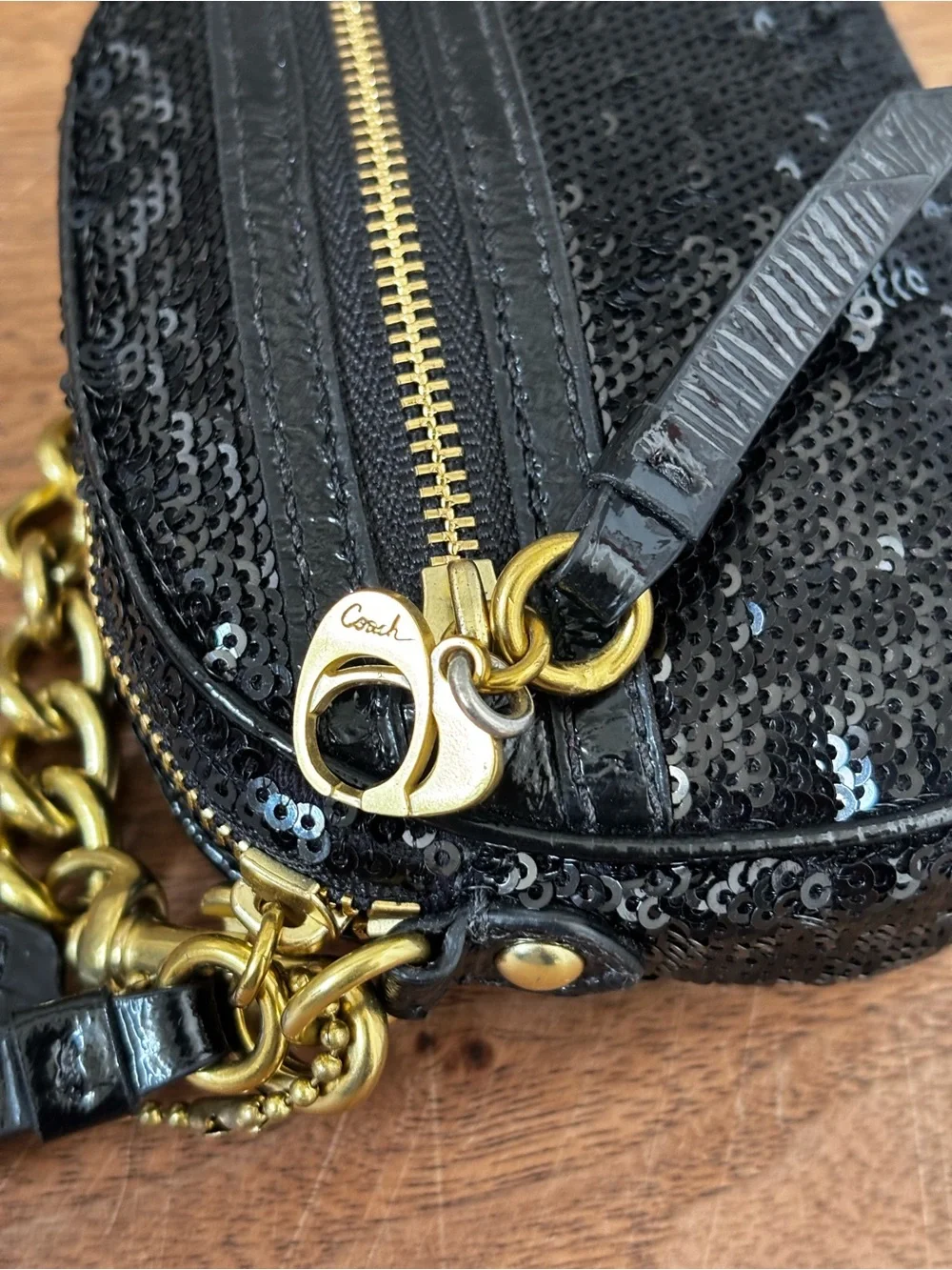 Coach Black Sequin Mini Bag with Gold Chain